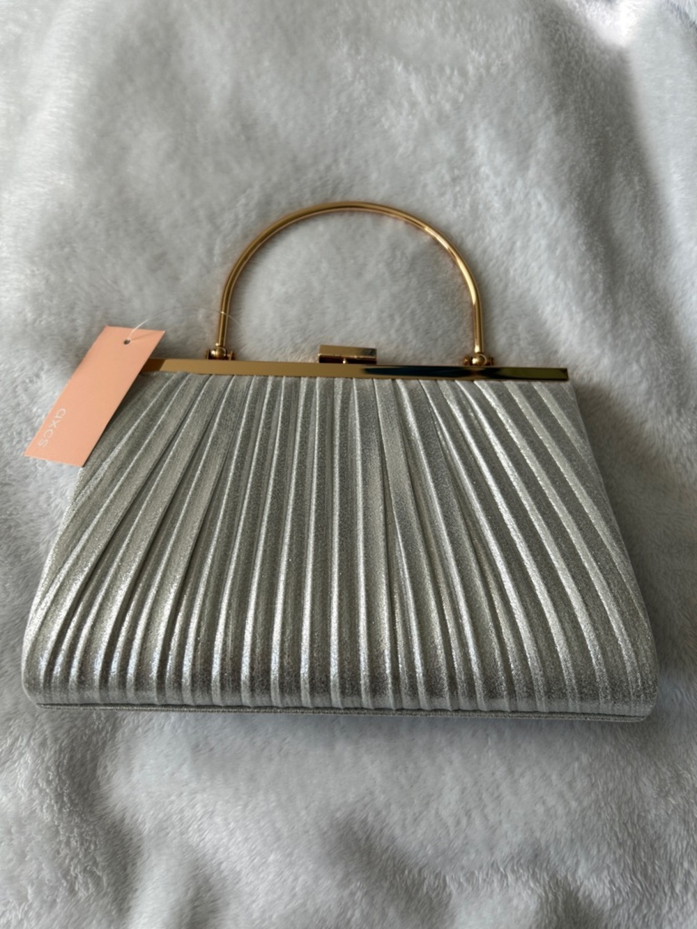 Silver Metallic Pleated Top-Handle Evening Bag